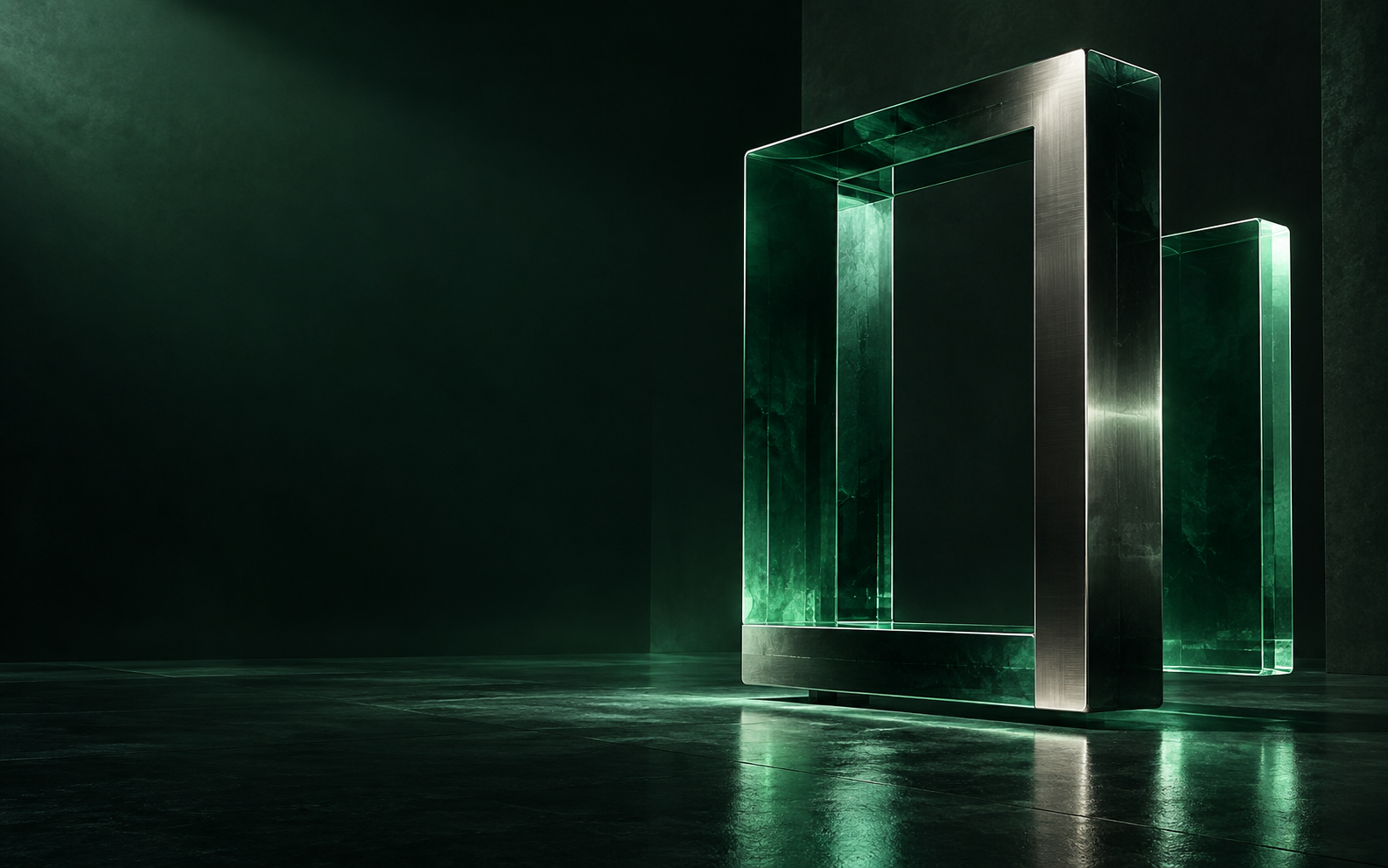 Composição de estruturas de vidro e metal em um ambiente verde escuro